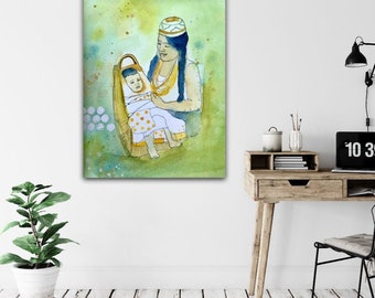 Aboriginal Art Print: Indigenous Mom and Baby in Karuk Basket