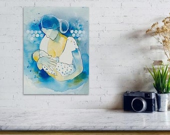 Breastfeeding Art Print: Watercolor New Mom and Baby Portrait
