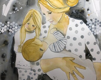 Custom Breastfeeding Portrait, Mother and Kids Watercolor Portrait;Painting from a Photo, Original Watercolor Painting