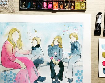 Custom Family Portrait: Original Watercolor Painting, Birthday Gift