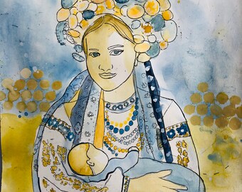 Ukrainian mom and baby Paper Print, Breastfeeding Wall Art, 50 percent of Profit will be Donated