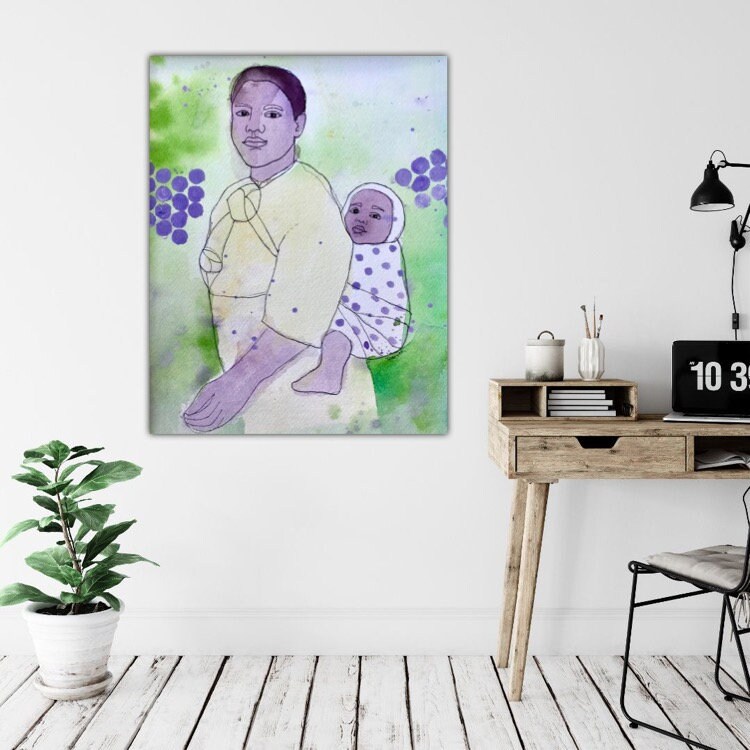 African-American Mom with Baby in a Sling. Birth Acid Free Art print on Paper.