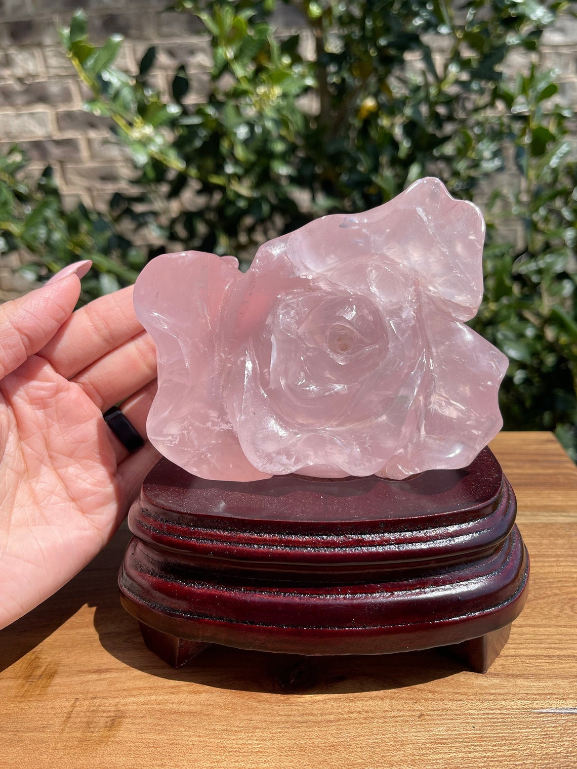 Rose Quartz Flower carving on custom wood base Carved Pink Etsy