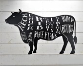 Cow, Steer, Butcher Shop Sign, Beef Meat Chart, Butcher Diagram, Meat Cuts, Kitchen Wall Art Metal Sign