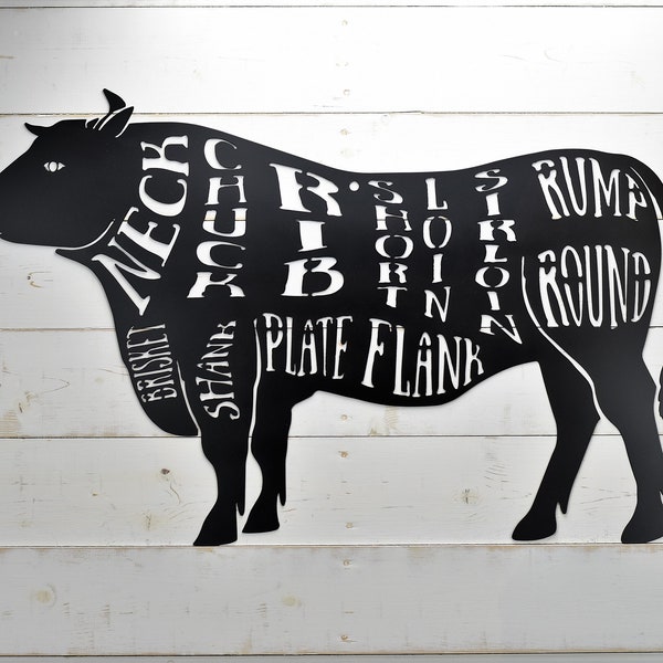 Cow, Steer, Butcher Shop Sign, Beef Meat Chart, Butcher Diagram, Meat Cuts, Kitchen Wall Art Metal Sign