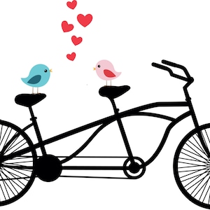Tandem Bicycle Clipart, Love birds, Wedding invitation Clipart, Valentine&#39;s day, Heart vector, Bike Vector, Bird Couples, Heart Clipart