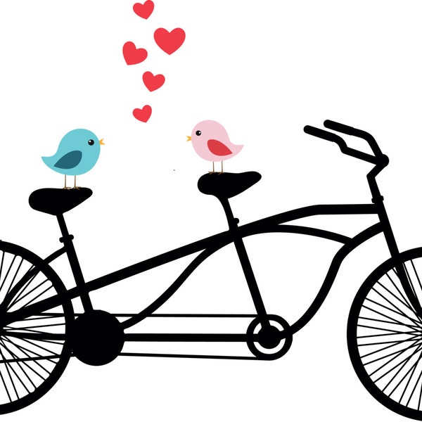 Tandem Bicycle Clipart, Love birds, Wedding invitation Clipart, Valentine's day, Heart vector, Bike Vector, Bird Couples, Heart Clipart