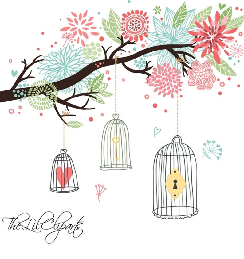 May include: A whimsical illustration of a tree branch with pink and green flowers and three birdcages hanging from it. The birdcages are made of wire and have a heart, a key, and a keyhole inside. The text "The Lil' Cliparts" is at the bottom of the image.