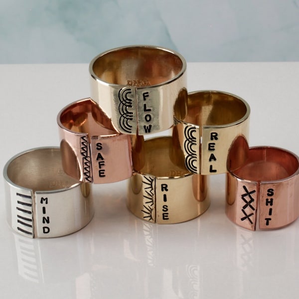 Personalized Wide Band Ring | FOUR LETTER WORD Ring | 1/2" Wide Hand Stamped Sterling Silver or Gold | Minimalist | Custom Cigar Band |