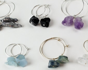 Raw Stone Hoops | Gold Fill Hoop | Sterling Silver Hoop Amethyst Quartz Point Earring | Kyanite Black Tourmaline Statement Hoops |