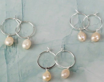 Pearl Hoop Earrings / Silver Pearl Hoop / Minimalist Sterling Silver Freshwater Pearl Dangle and Drop / Bridal Jewelry / Birthstone Earrings