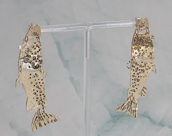 Statement Gold Fish Earrings - Handmade Earrings - Articulated Dangle Earrings - Pisces Jewelry, Unique Earrings, Whimsical Jewelry, Funky