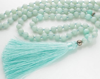 Amazonite Mala Beads  / 108 Bead Long Necklace / Crystal Healing, Throat Chakra Jewelry / Handmade Statement Tassel Necklace, Gift For Her