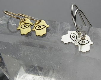 Dainty Hamsa Evil Eye Earrings / Silver Gold / Fatima Protection / Boho Hippie Yoga Gift