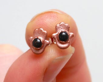 Hamsa Onyx Earrings // Gemstone Earrings // Protection Jewelry, Copper and Onyx, Crystal Healing, Evil Eye Jewelry