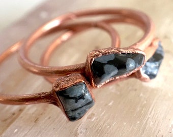 Stacking Obsidian Ring READY TO SHIP // Snowflake Obsidian Copper Electroformed Ring / December Birthstone // Raw Stone Ring // Boho Jewelry