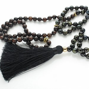 Blue Tiger&#39;s Eye and Ebony Wood 108 Bead, Third Eye Mala, Solar Plexus Mala Crystal Healing / 6mm Bead Mala / Japa Yoga Meditation Jewelry