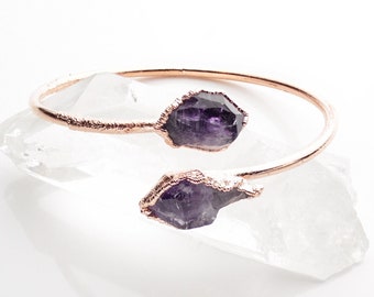 Amethyst Bracelet // Raw Amethyst Cuff Bangle // Amethyst Open Bangle // Amethyst Cuff // Copper Raw Stone Bangle //  Offset Open Bangle