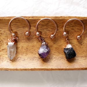 Raw Crystal Keyring / Gemstone Copper Keychain / Amethyst Key Chain / Black Tourmaline, Natural Quartz Point Boho Keychain, Vintage Keychain