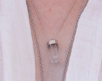 Raw Quartz Crystal Point Necklace: Rhodium Plated Silver Chain