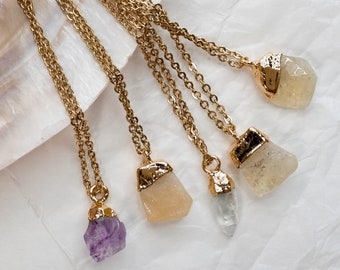 Gemstone Necklace with Gold Stainless Steel Chain, Hypoallergenic Crystal Necklace Gold Citrine Pendant, Amethyst Necklace, Quartz Point