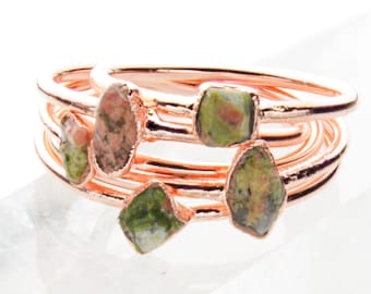 Dainty Unakite Stacking Ring / Genuine Gemstone Copper Electroformed Green Bohemian Jewelry / Gold Silver / Gift For Her / Heart Chakra