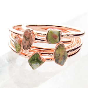 Dainty Unakite Stacking Ring: Electroformed Copper Bohemian Jewelry