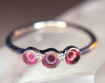 Pink Tourmaline Ring / Valentines Day Jewelry / Gift For Her / Multi Stone Tiny Pink Tourmaline Cabochon Jewelry / Rhodium Plated Ring