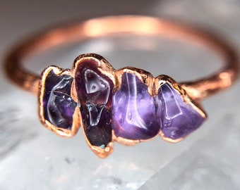 Multistone Amethyst Ring / Amethyst and Copper Electroformed Rings / Raw Stone Ring / February Birthstone / Boho Jewelry / Crown Chakra