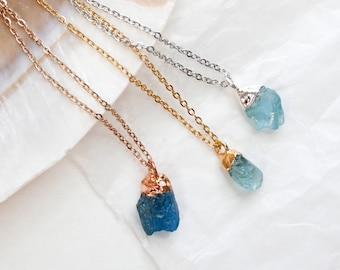 Blue Apatite Necklace / Raw Gemstone Necklace / Boho Layering Jewelry, Witchy Jewelry, Handmade Bohemian Necklace, Raw Stone Necklace