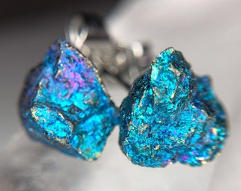 Raw Peacock Ore Earrings / Blue Green Crystal Jewelry / Stud Stainless Steel Post Earring / Whimsigoth Delicate Dainty Earrings /