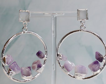 Chevron Amethyst Hoop Earrings / Oversized Statement Silver Hoop Earrings / Raw Crystal Jewelry / February Birthstone / OOAK