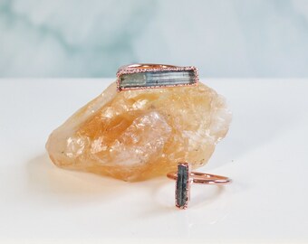 Uncut Aquamarine Stick Copper Ring //  Electroformed Ring // March Birthstone // Boho Unique Gift for Her / Handmade Jewelry Nature Inspired