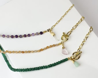 Half and Half Paperclip Chain and Gemstone Charm Necklace | Beaded Gold Chain | Green Aventurine, Amethyst, Orange Aventurine, Rose Quartz |