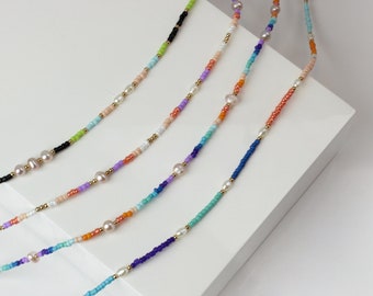 Freshwater Pearl and Glass Seed Bead Choker | Dainty Boho Summer Adjustable Necklace | Vintage Deadstock Real Pearls | Colorful Beads