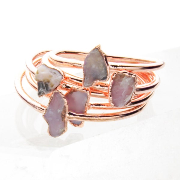 Pink Opal Ring / Pink Opal Stacking Ring / Tiny Crystal Gold Stacking Bands / Raw Pink Opal / Raw Stone Ring / Gemstone Jewelry