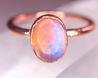 June Birthstone Rainbow Moonstone Ring / Copper Electroformed Ring / Raw Moonstone Jewelry / Celestial Raw Crystal Jewelry /