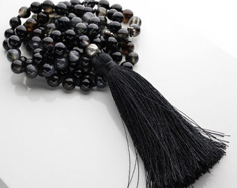 Root Chakra Mala Beads, Black Agate Necklace, Anxiety Necklace, Buddhist Necklace, Japa Mala, Tassel Necklace, Men's Mala, OM Necklace