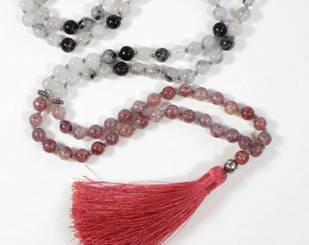 Strawberry Quartz and Tourmalinated Quartz Mala // Tassel Necklace // 108 Mala Bead Necklace // Prayer Bead // Yoga Jewelry // Gift for Her