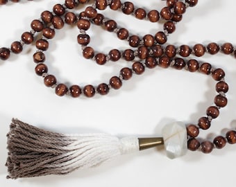 Moonstone and  Wood Mala // Dip Dyed Cotton Tassel //  108 Bead // Prayer Bead Necklace / Yoga Jewelry / Tassel Necklace // 108 Beads
