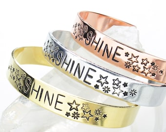 Shine // Shine with Stars Cuff Bracelet // Personalized Cuff // Inspirational Bracelets // Hand Stamped Mantra // Stamped Cuff