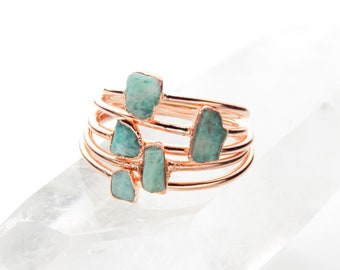 Amazonite Stacking Ring / Dainty Crystal Gold Minimalist Bands / Raw Stone Handmade Unique Gift For Her / Copper Jewelry Modern Boho Ring /