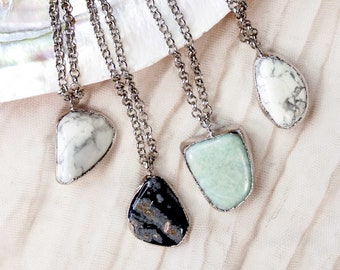 Tumbled Stone Pendant Snowflake Obsidian Pendant Howlite Necklace Amazonite Necklace Long Necklace Crystal Healing Gift For Friend Anxiety