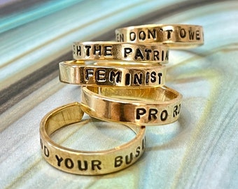 Custom Pro Choice Stamped Ring | Brass Reproductive Rights Roe v Wade Jewelry | Personalized Feminist I Dissent Women's Rights Ring