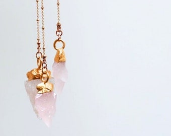 Raw Rose Quartz Arrowhead Necklace / Raw Crystal Lariat Y-Necklace /  Love Stone Heart Chakra // Gift For Girlfriend, Gift For Wife