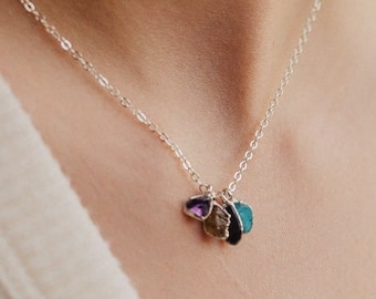 Birthstone Charm Necklace, Raw Stone Necklace, Custom Jewelry, Personalized Gifts, Mama Necklace, Grandma Necklace, Citrine, Aquamarine