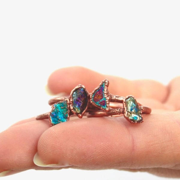 Peacock Ore Ring // Chalcopyrite Ring // Raw Stone Ring // Peacock Ore and Copper Electroformed Ring // Raw Stone // Boho Jewelry