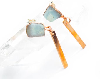 Blue Peruvian Opal Earrings / Andean Opal Dangle Drop Copper and Rough Stone Jewelry / Genuine Gemstone Stud October Birthstone