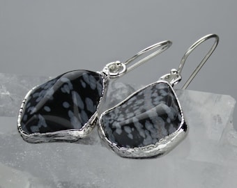 Snowflake Obsidian Silver Earrings / Obsidian Crystal Earrings / Stone Drop Earrings / Black Stone Ear Wire / Protection and Grounding