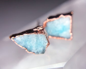 Amazonite Earrings // Raw Crystal Stud Earrings // Electroformed Copper Earrings